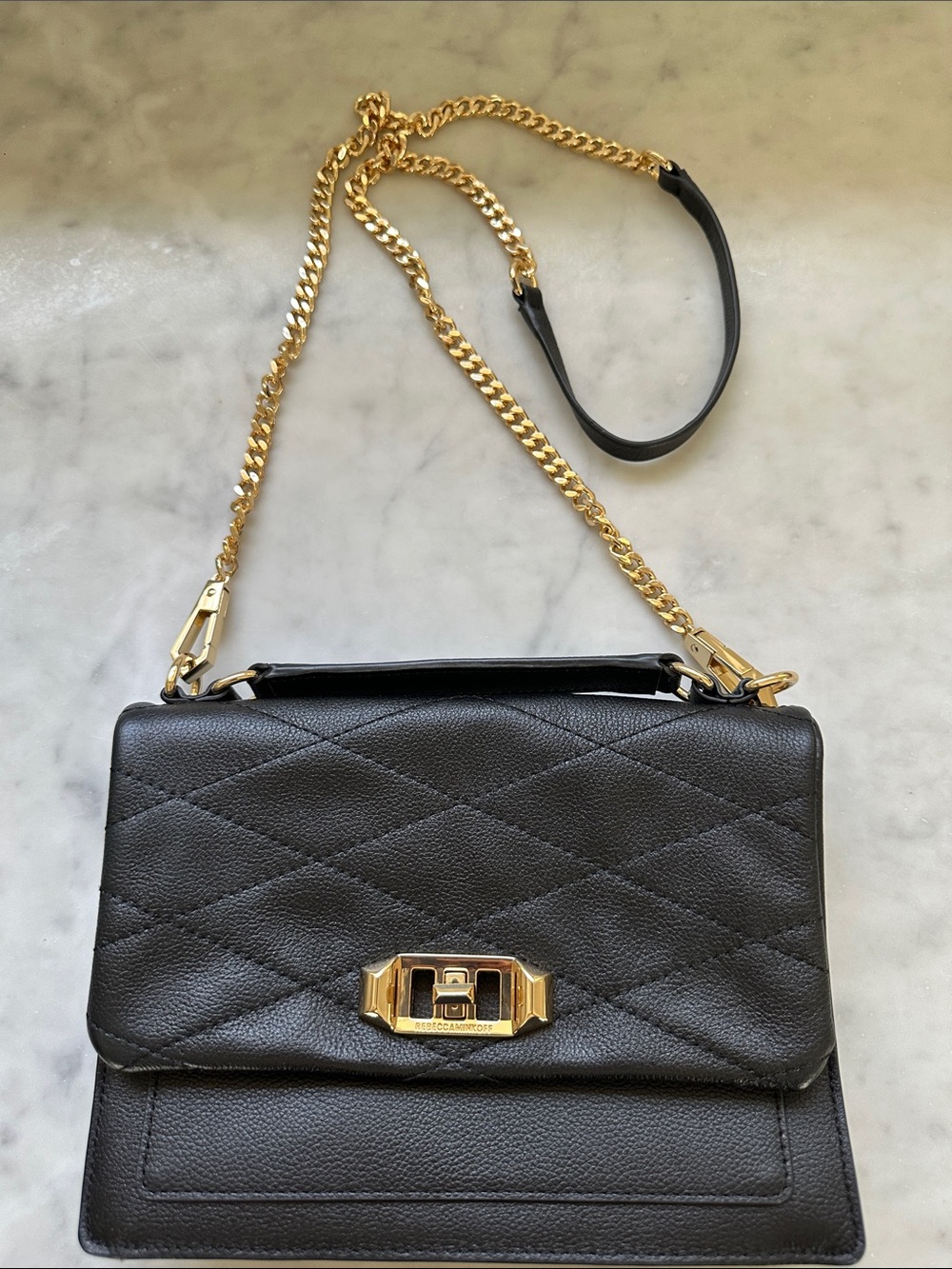 Rebecca Minkoff Black Quilted Leather Shoulder Bag with Gold Chain